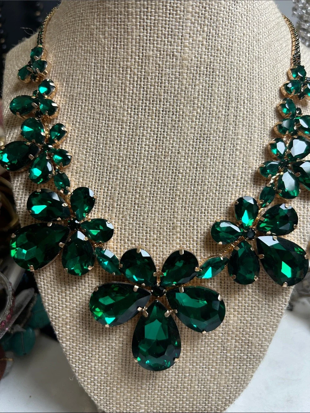 Emerald Teardrop Statement Necklace - Green  Floral Bib